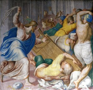 Jesus Kristus driver ut köpmän vid templets portar. Fresk av Carlo Urbino. Milano, S. Maria della Passione. av Carlo Urbino