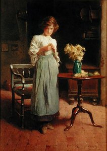 Flicka i en stuga vid ett bord och en stol (akvarell på papper) av Carlton Alfred Smith