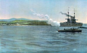 Amiral Sampsons flaggskepp, USA:s pansarkryssare New York, skjuter på en kustbevakning av spanskt kavalleri, utanför Cabanas, 29 april 1898