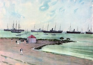 Fångade spanska fartyg vid ankar i Man-of-War Harbor, Key West.--Utsikt från Esplanaden nära USA:s armékaserner