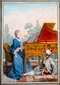Porträtt av Mademoiselle Desgots av Saint Domingue vid cembalo och hennes slav Laurent Watercolor av Louis Carrogis Carmontelle