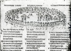Illustration av en scen från en av psalmerna, från Utrecht Psalter, kopia av original från Reims nu i Utrecht University Library (penna och bläck)
