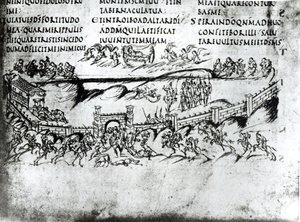 Illustration av olika scener från Psalm 43 inklusive versen Vakna, varför sover du, O Herre?, från Utrecht Psalter, kopia av originalet från Reims nu i Utrecht University Library (pen & i