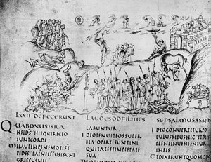 Illustration av olika scener från en av psalmerna, från Utrecht Psalter, kopia av original från Reims nu i Utrecht University Library (penna och bläck)