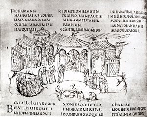 Olika scener som illustrerar en psalm, från Utrecht Psalter, kopia av originalet från Reims nu i Utrecht University Library (penna och bläck)
