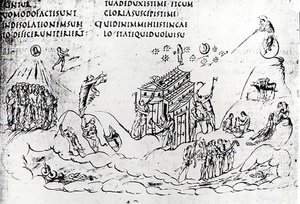 Olika scener som illustrerar en av psalmerna, från Utrecht Psalter, kopia av original från Reims nu i Utrecht University Library (penna och bläck)