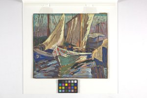 Fiskebåtar i hamnen (gouache på brunt papper) av Carolyn Bradley