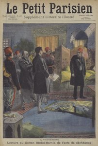 Uppläsning av avsättningshandlingen till Sultan Abdul Hamid II vid Yildiz-palatset, Konstantinopel