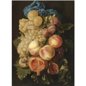 Ett stilleben med plommon, vindruvor, persikor och ett granatäpple med ett blått band av Carstian Luyckx