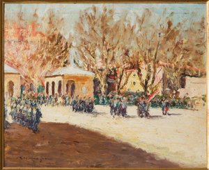 Militär procession (olja på kartong)