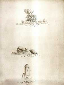 Träd, korg och torn av Caspar David Friedrich