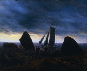 Fiskebåt som passerar figurer på en strand vid Östersjön; Fischerboot zwischen Findlingen am Ostseestrand, av Caspar David Friedrich