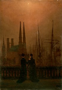 Harbor at Night Sisters, 1818-1820. av Caspar David Friedrich