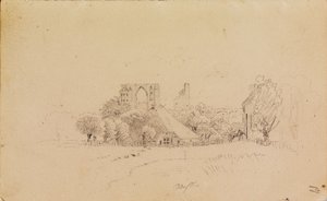 Klosterruinerna i Eldena, med ett halmtäckt hus och ett litet vattendrag av Caspar David Friedrich