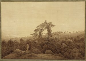 Kustlandskap med kors och staty av Caspar David Friedrich