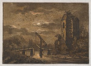 Landskap med vindbrygga och ruin i månsken av Caspar David Friedrich