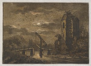 Landskap med vindbrygga och ruin i månsken av Caspar David Friedrich