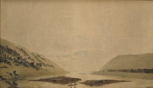 Mountainous Landscape with River in the Morning, 183035 (wc & tempera on transparent paper) (pair to 265365) av Caspar David Friedrich