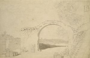 Flodlandskap med en båge (oavslutad) (penna, penna och wc på papper) av Caspar David Friedrich