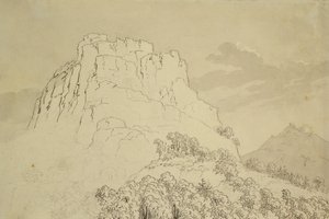 Rocky Hilltop med en Wooded Hill framme (penna, penna och wc-tvätt på papper) av Caspar David Friedrich