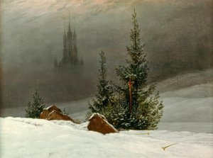 Vinterlandskap med kyrkan av Caspar David Friedrich