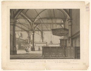 Interiör av St. Olofs kapell i Amsterdam Utsikt över St. Olofs eller Oudezyds kapell från insidan, i Amsterdam / Vue du Vieux Chapelle de St. Olof och dansen, à Amsterdam (titel på objekt)