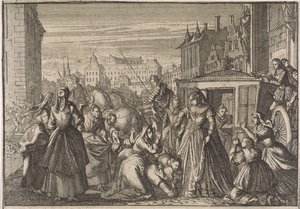 Kvinnor som knäböjer inför drottning Anna i Paris, ber henne att sänka skatterna, 1645 av Caspar Luyken (attributed to)