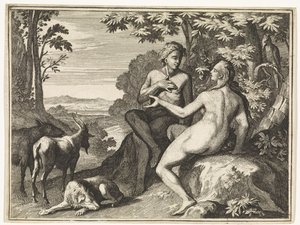 Adam och Eva omgivna av djuren i paradiset av Caspar Luyken