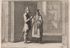 Präst i samtal med djävulen framför ingången till en kyrka av Caspar Luyken
