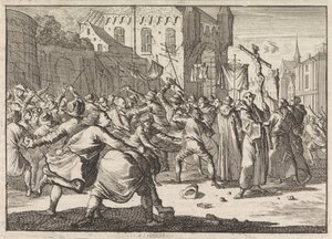 Vid Danzig möts en procession med stenar av folket, 1678 av Caspar Luyken