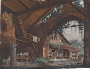 Arkitektonisk fantasi om antika ruiner med en vattenkvarn