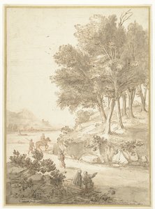 Italienskt landskap med figurer längs en väg och en flod i bakgrunden av Caspar van Wittel