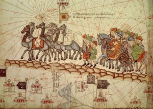 Detalj av ett katalanskt sjökort (portulan) som representerar Asien på 1200-talet, på vilket man kan se en husvagn gå mot Cathay (namnet angett av Marco Polo för att utforma regionen i norra Kina): Sidenvägen tagen av Marco Polo. Catalan Atlas av Abra