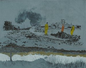 Lime on the land, 2014 (linoleumsnitt och etsning) av Catherine Sutcliffe-Fuller