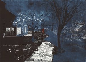 Sound of music in suburbia, 2012 (linoleumsnitt och etsning) av Catherine Sutcliffe-Fuller