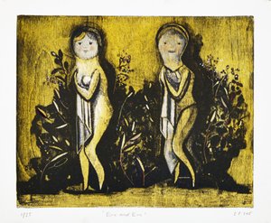 Eve and Eve, 2015 (mokulito-litografi med handkolorering) av Cathie Pilkington