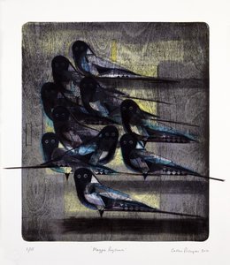 Magpie Rhythm, 2016 (mokulito-litografi med handkolorering)
