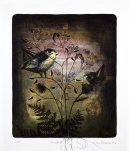 Sampler, 2016 (mokulito-litografi med handkolorering) av Cathie Pilkington