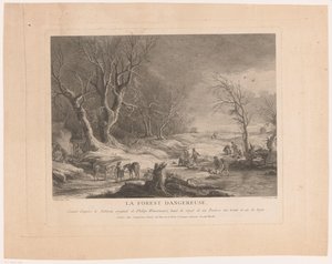 Vinterlandskap med attackerade figurer La forest dangereuse (titel på objekt) av Cathérine Elise Cousinet