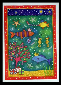 Fishy Christmas, 1997 (wc och pastell på papper) av Cathy Baxter