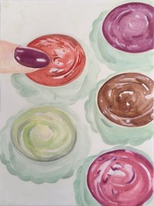 Max Factor Magic, 2016 (olja på papper) av Cathy Lomax