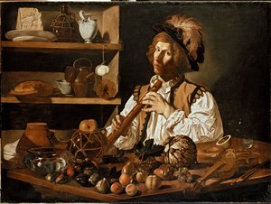 Interiör med en ung man som håller i en blockflöjt, c1610-1621 av Cecco del Caravaggio