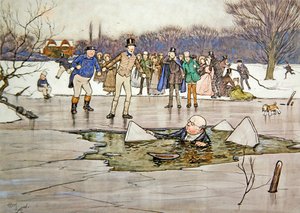 "Ett ansikte, huvud, axlar dök upp under vattnet och avslöjade Mr Pickwicks drag och glasögon" av Cecil Charles Windsor Aldin