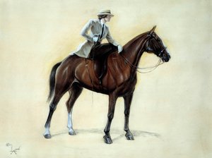 En elegant cavaliere som stiger in i en Amazonas. Teckning av Cecil Aldin (1870-1935) 1800-talet Privatsamling av Cecil Charles Windsor Aldin