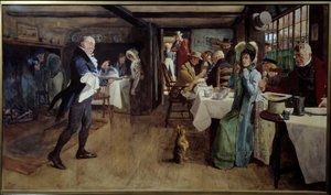 Frukost på värdshuset. Målning av Cecil Aldin (1870 - 1935) Ec. Ang.