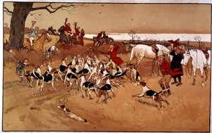 Jaktscen sprang; skytte. Gravyr av Cecil Aldin (1870 -?), England. Coll. Del av Cecil Charles Windsor Aldin