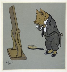 Gris som sköter sig själv, justerar sin knut framför en spegel - i "" Merry Party"", ill. av Cecil Aldin, red. Hodder & Stoughton, London av Cecil Charles Windsor Aldin