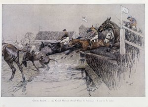 The Grand National Steeplechase in Liverpool: The Jumping of the River - teckning av Cecil aldin av Cecil Charles Windsor Aldin