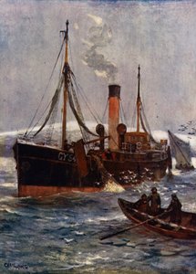 En isländsk ångtrålare, ca 1910 (lito i färg)