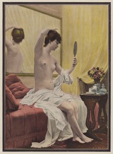 Kvinna vid hennes morgontoalett (färg litho) av Celestin Francois (after) Nanteuil